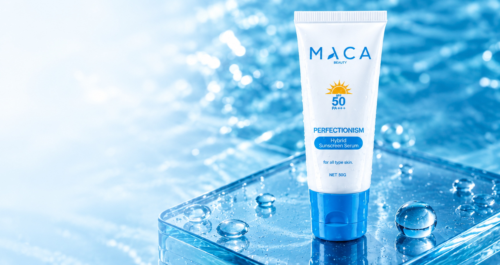 MACA Hybrid Sunscreen Serum on reflective glass podium